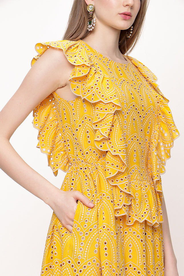 Mustard Ruffled sleeveless embroidered dress 93566
