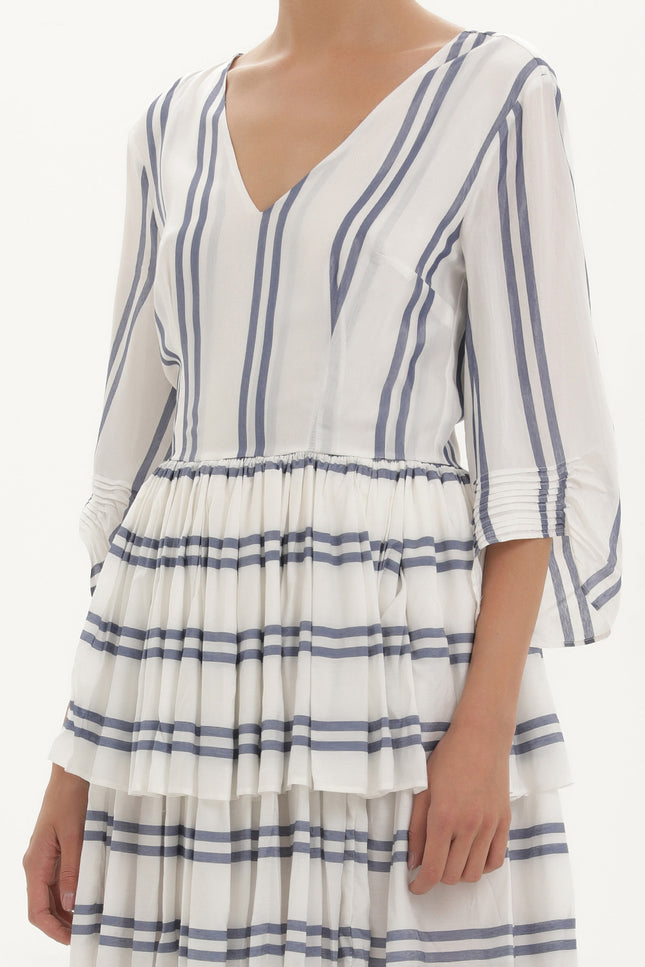 Blue V-neck ruffled striped mini dress 92384
