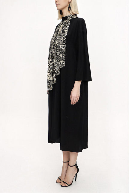 Siyah Bej Kontrast Kumaş Detaylı Bol Kesim Elbise 94119