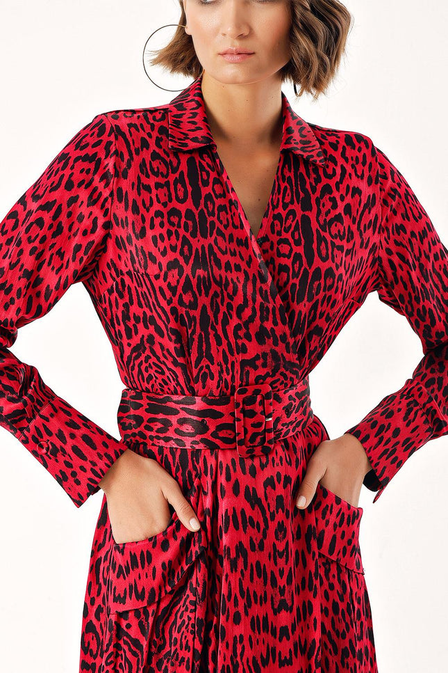 Leopard-Mor Büyük cepli kemerli kruvaze elbise 94216