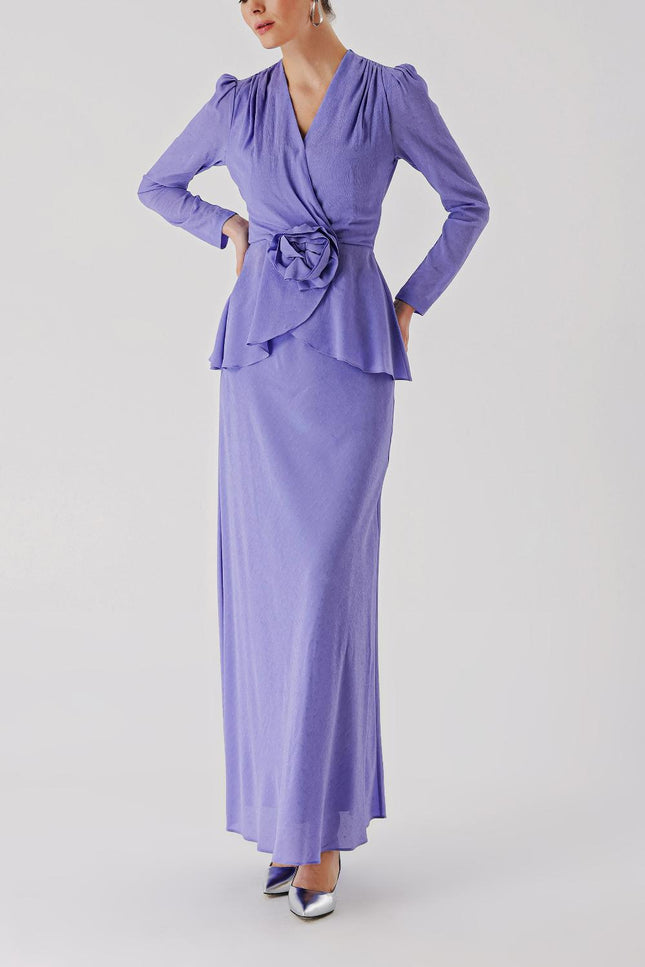Lilac Rose detailed wrap-up blouse and skirt set 12340