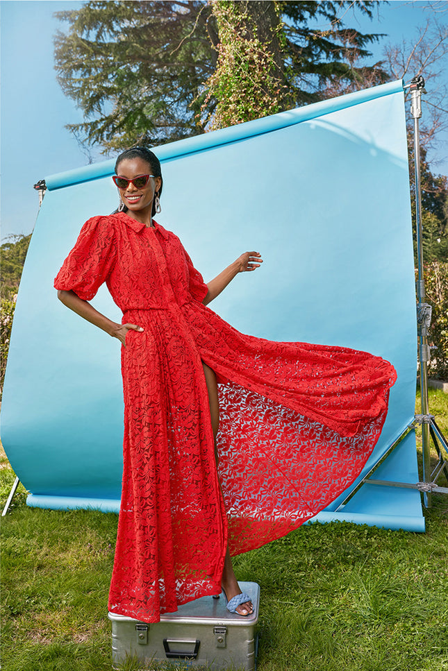 Red Laced ruffled maxi lace dress 93513