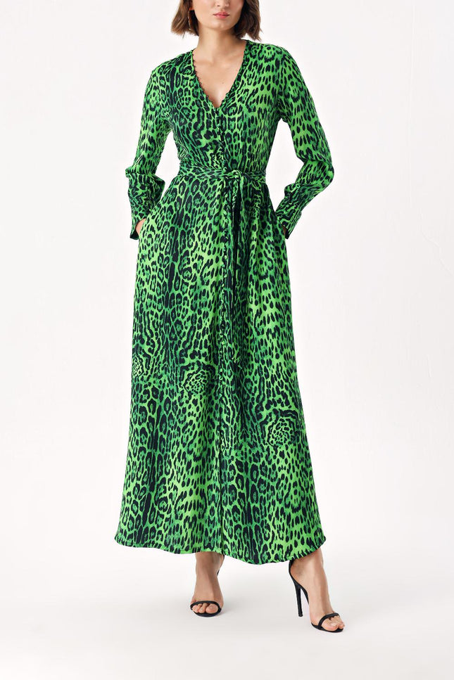 Leopar-Yeşil Düğme detaylı uzun kemerli elbise 94407