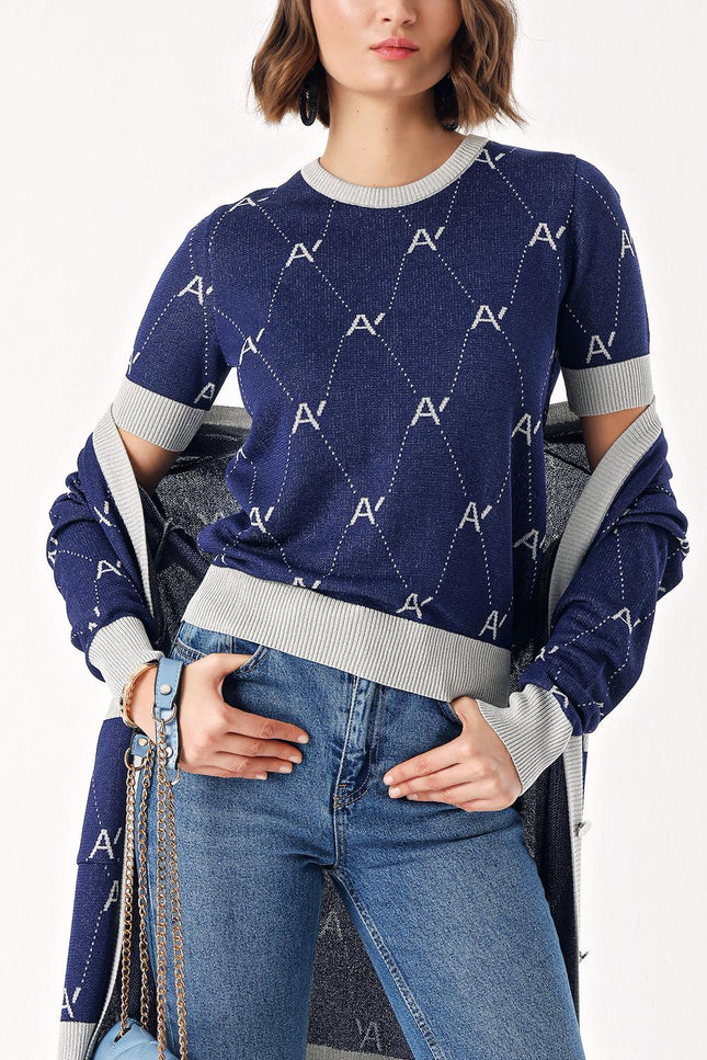Navy Blue short sleeve blouse and long shiny cardigan twin set 28856