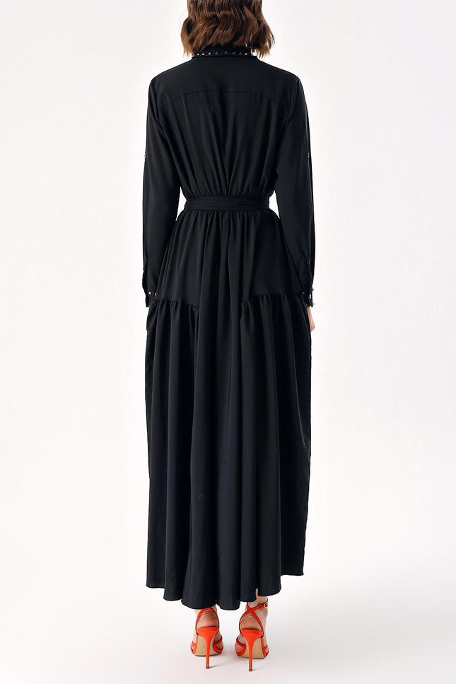 Black Long ruffled shirt dress with metal accessory detail 94114