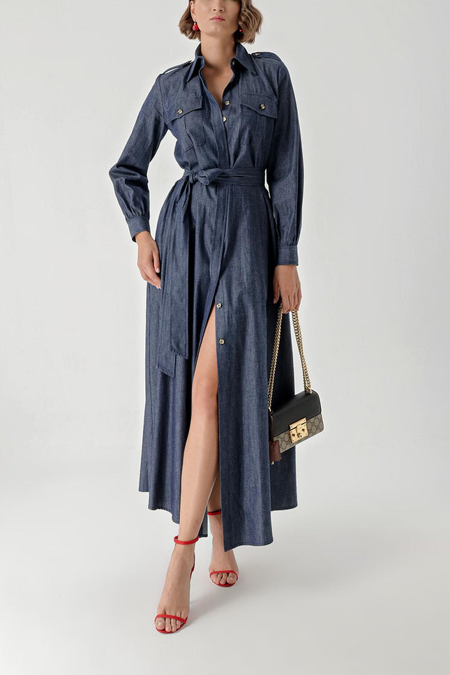 Navy Blue Long denim dress with snap detail 94372