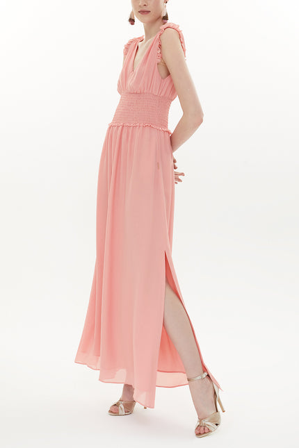 Pink Elastic waist V neck sleeveless maxi dress 93348