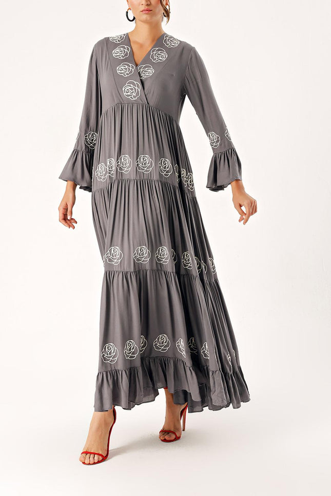 Gray Embroidered long shirred dress 94330