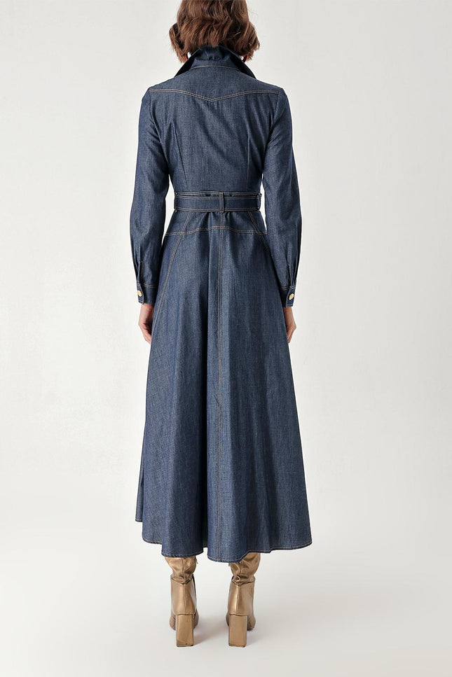 Navy Blue Button and belt detailed midi dress 94396