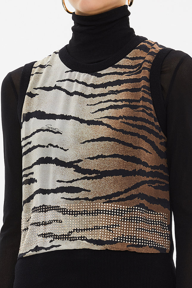 Camel Hair Printed satin  fabric knit  sleeveless blouse  28496