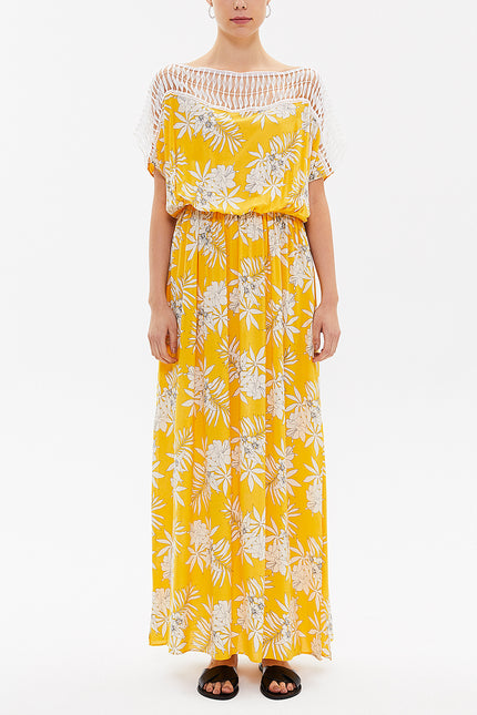 Yellow Lace neck waistband maxi dress 93205