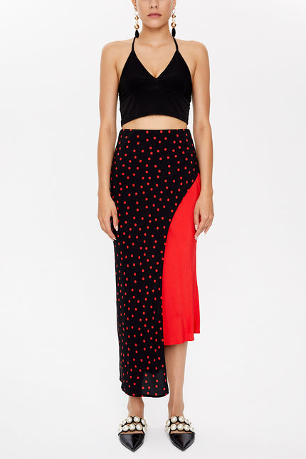 Black Red Asymmetric  cut slim skirt  81128