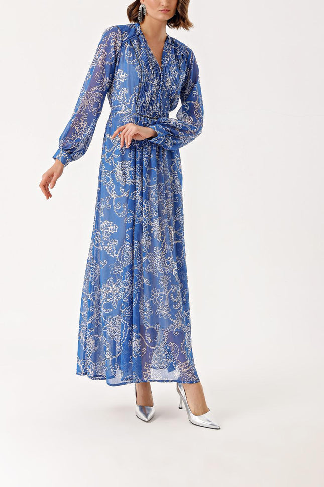 Blue Long chiffon dress with pleat detail 94303