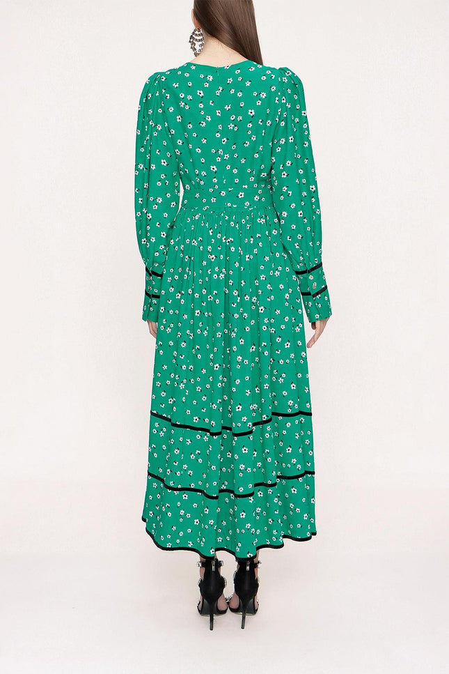 Yeşil Kadife Biye Detaylı Elbise 94012