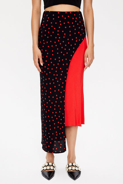 Black Red Asymmetric  cut slim skirt  81128
