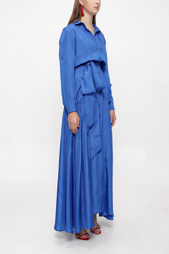 Mavi Büzgülü Uzun Gömlek Elbise 94067