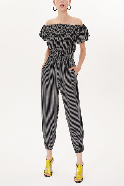 Black White Striped Ruffled Top Elastic Waist Jumpsuit 10108