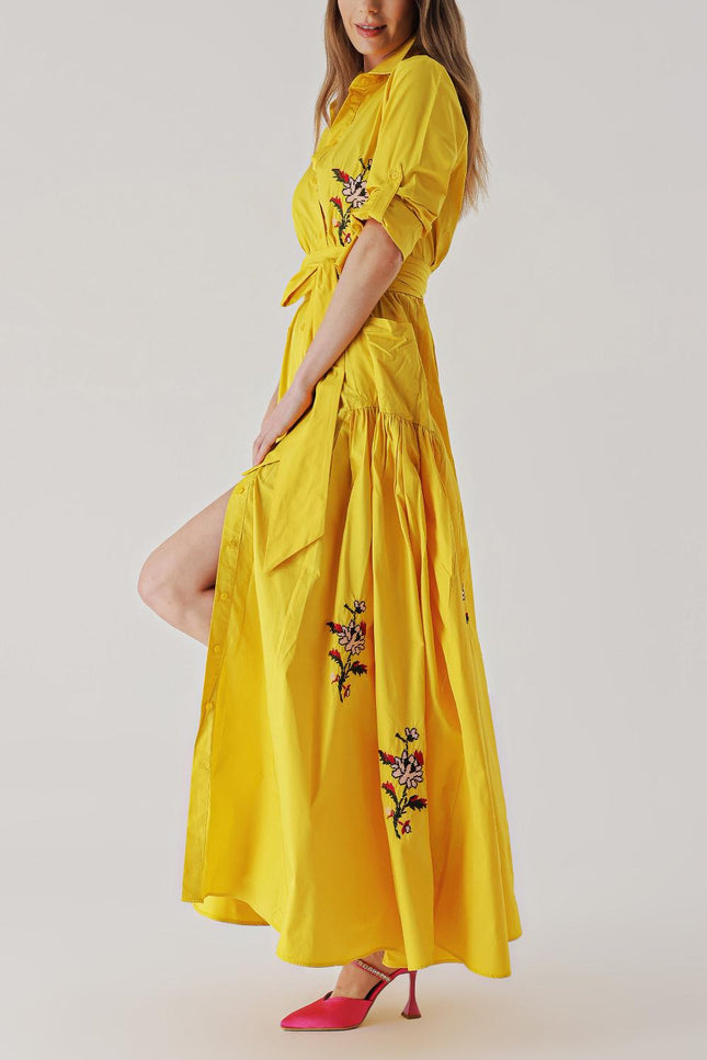 Yellow Embroidered maxi taffeta dress 94019