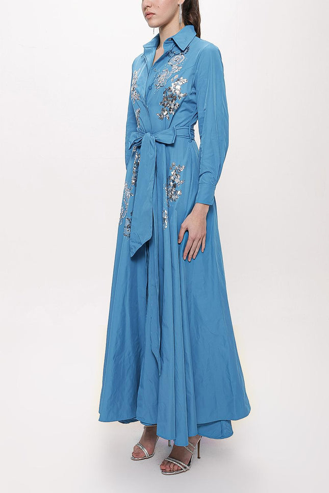 Mavi Payet Nakışlı Uzun Tafta Gömlek Elbise 94159