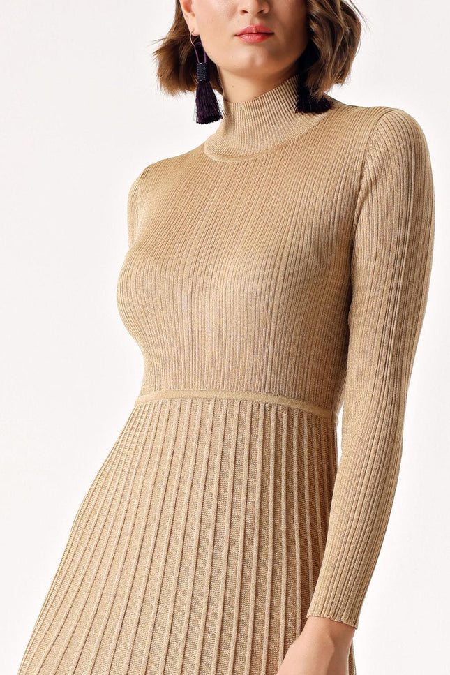 Beige High collar pleated skirt long knitwear dress 28848