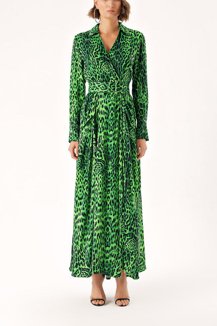 Leopar-Yeşil Büyük cepli kemerli kruvaze elbise 94216