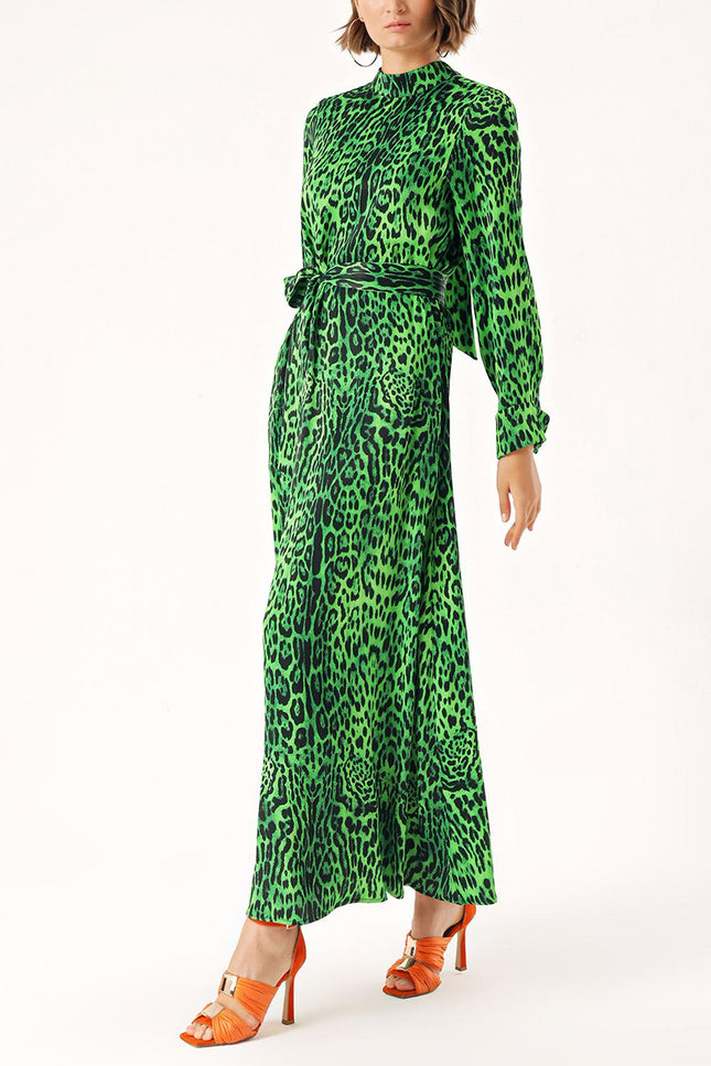 Leopar-Yeşil Uzun kemerli viskon elbise 94355