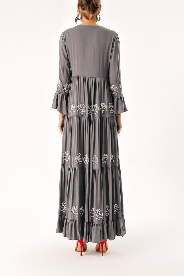 Gray Embroidered long shirred dress 94330